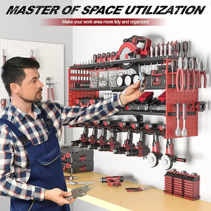 Power Tool Organizer Wall Mount, Cordless Drill Hanger Storage Rack 8 Drill Holder, 4 Layer Heavy Metal Large Capacity Tool Rack for Garage Organization (Red, 8 Drills Holder)