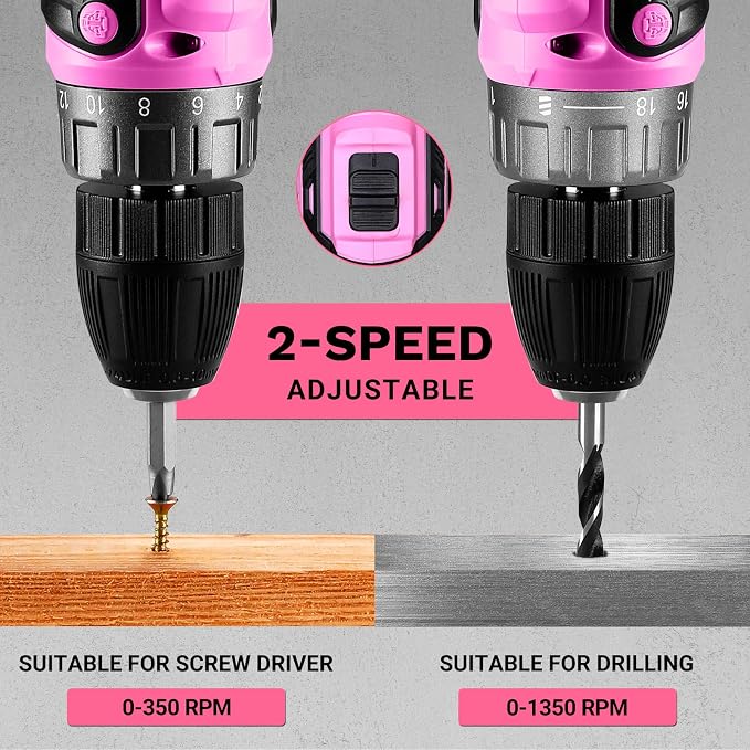 Power Drill Cordless: DEKOPRO 20V Electric Drills with 3/8-Inch Keyless Chuck, Variable Speed, Power Cordless Drill Set Tool with 2 Batteries, Charger&30 Accessories(Pink)