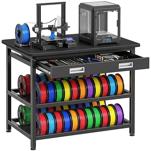 3D Printer Stand with Filament Storage - Heavy Duty 3D Printer Table with Metal Drawer, 36 inch 3 Tier Metal 3 D Printing Desk for 3 D Printers, Black