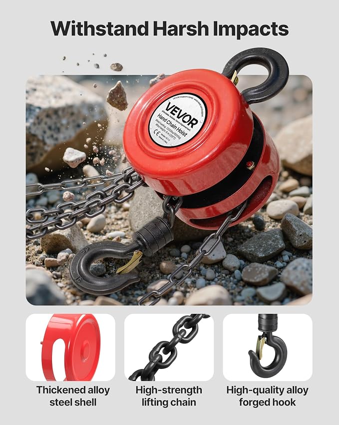 VEVOR Hand Chain Hoist, 1 Ton 2200 lbs Capacity, Manual Chain Block with Upgrade G70 Galvanized Chain, 20 ft Lifting Height, Heavy Duty Pulley Hoist for Garage Warehouse Automotive Machinery, Red