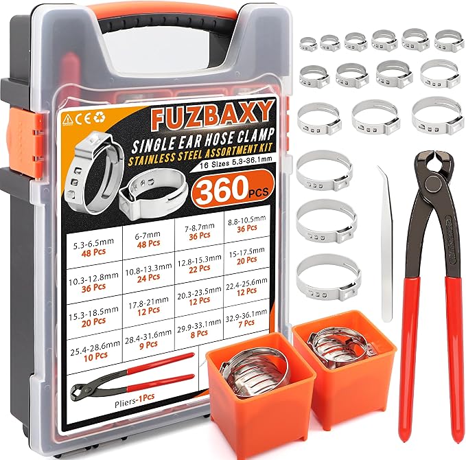 360Pcs 304 Stainless Single Ear Hose Clamp Kit with Pliers for PEX & Auto | 16 Size Leak-Proof Oetiker Style Crimp Clamps,Rustproof 304 SS for Fuel Lines, Marine & Home Plumbing,Stop Leaks Forever