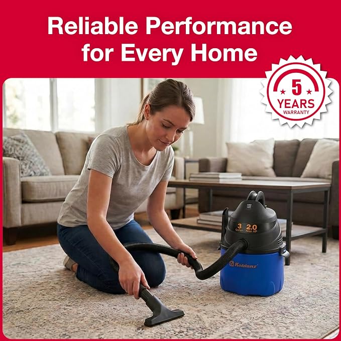 Koblenz Wet Dry Vacuum Cleaner, 3 Gallon 2.0 PHP, Twist-N-Lock Hose, Small Shop Vac, Portable Shop Vac for Home Car Garage Workshop, 10 ft Reach, Accessories Included, Blue/Black, WD-353L