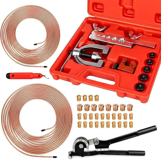 25 Ft 3/16" & 1/4" Brake Line Kit, Copper Coated Brake Line Repair Kit with Brake Line Bender, Single & Double Flare Tool Kit, Include 32 Inverted Tube Nut, Deburring Tool