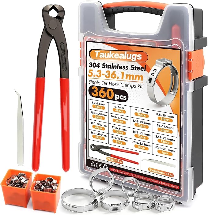 360Pcs Single Ear Hose Clamps Kit,Stepless 5.3-36.1mm 304 Stainless Steel Hose Repair Clamp Cinch Rings,Ear Clamp Pliers Tool with Portable Toolbox for Automotive Fuel Line Plumbing PEX DIY