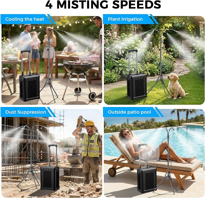 Portable Misting System with 15L Rolling Bucket, 10000mAh Battery Powered Standing Mister for Outside Patio, 4.2FT Adjustable Height Mobile Cooling Set for Beach, Camping, Picnic, Sports- Black