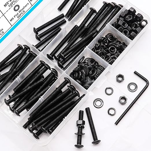 200PCS Black M5 Button Head Hex Socket Cap Screws, M5 x 30/35/40/45/50mm Metric Screws Bolts Nuts Washers Assortment Kit, 10.9 Grade Alloy Steel