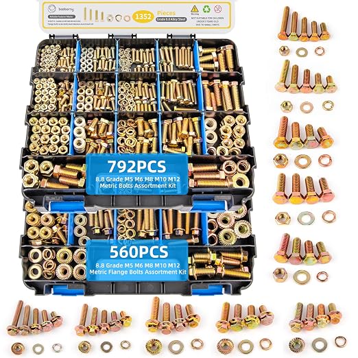 1352 PCS Metric Hex Bolts & Flange Bolts -8.8 Grade, M5 M6 M8 M10 M12 Heavy-Duty hex Bolt and nut Set, Galvanized zinc, a Unique Double-Sided Outer Box