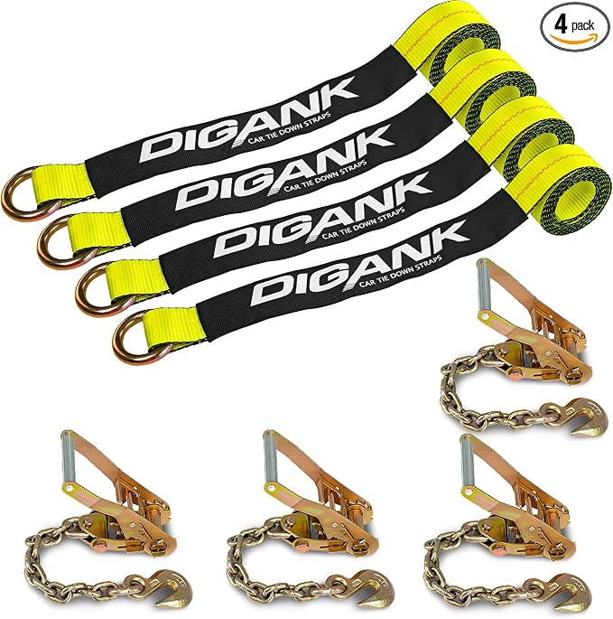 Heavy Duty Car Tie Down Straps (4PK) - 2" x 96" - 3,300 lbs Safe Working Load - Wheel Straps Comes with 5/16" Tow Hooks (Yellow)