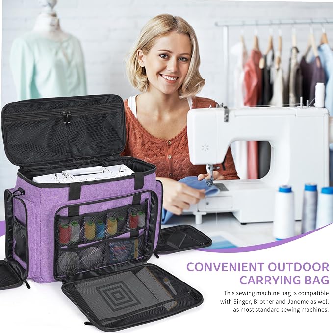 Sewing Machine Case with Wheels, Universal Rolling Trolley Tote with Shoulder Strap & Multiple Storage Pockets Compatible with Most Standard Singer, Brother, Janome,Purple
