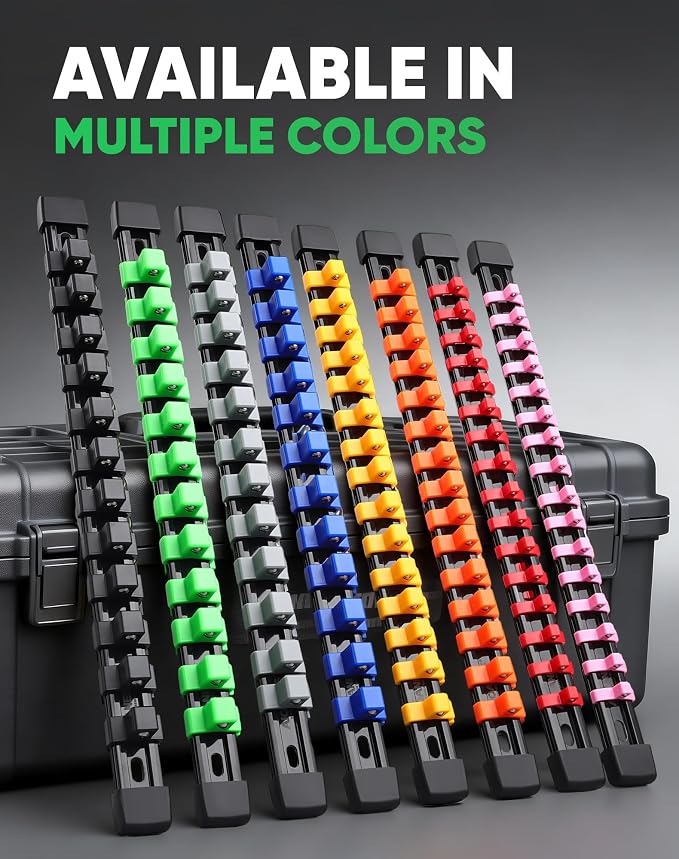 ALOANES 9PC Socket Organizer, Socket Rails Fit 1/2", 1/4" and 3/8" Drive | Heavy Duty ABS Socket Holders Hold up 129 Sockets for Toolbox Drawer Bags(Green)