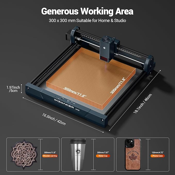 Laser Engraver 12000mW, Compact Desktop Engraving Cutting Machine for Wood DIY Crafts, Small Business STEM Makers, 300×300mm Work Area, for Home, Acrylic, Metal 12W Laser Cutter