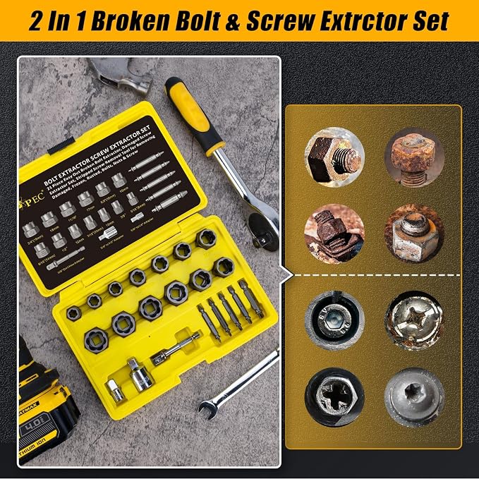 Topec 21 PCS Bolt Extractor Kit, 3/8" Drive Bolt & Nut Remover Socket Set, HSS 4341 Small Screw Extractor Set, 2-in-1 Removal Tool for Stripped, Broken, Damaged, Rounded Nuts, Screws