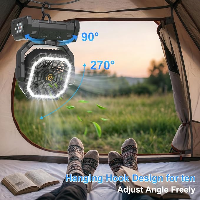 Portable Rechargeable Fan 20000mAh, Battery Powered Camping Fan with LED Light& Remote,4 Speeds Wind,USB,Cordless,Oscillating,Timer for Travel Tent,Rv Camping Essentials (Black)