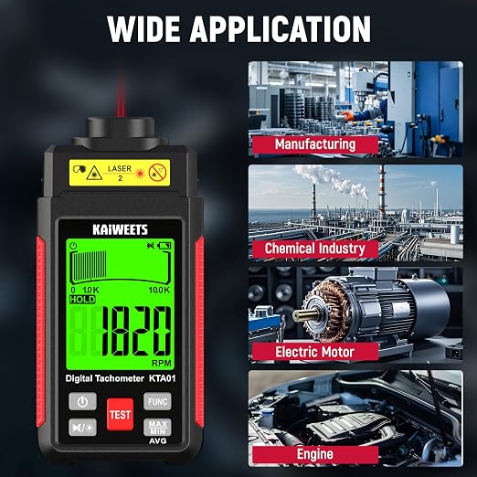 KAIWEETS Non Contact RPM Tachometer with Reflection Tape, 10-99999 RPM High Accuracy Laser Digital Tachometer with Large LCD, RPM Meter with Backlight, Data Hold, and Max/Min/AVG Function