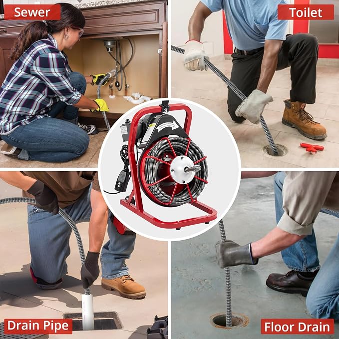 GarveeLife 75 ft 1/2 in Electric Drain Cleaner Machine Auto Feed Drain Auger for 1 to 4 in Pipes Professional Sewer Snake with 4 Cutters Gloves Heavy Duty Clog Remover