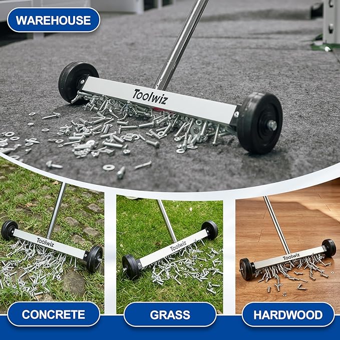 Toolwiz 15" Rolling Magnetic Sweeper 10lbs, with 16 lbs Telescopic Magnetic Pick Up tools –Lightweight Pick-up Sweeper with Wheels for Nails, Screws & Metal Debris Home Use Workshop Garage