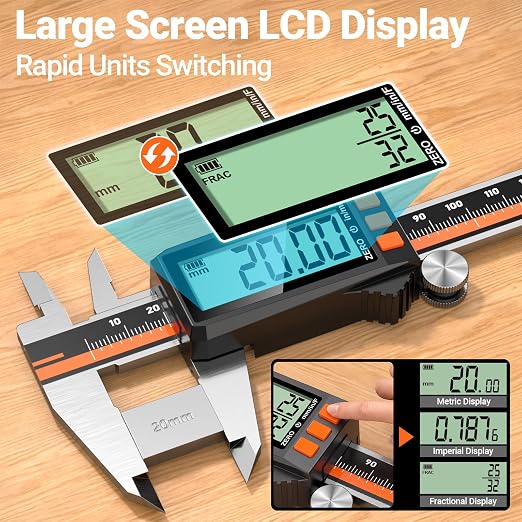 Preciva Digital Caliper 8", Rechargeable Stainless Steel Micrometer | Type-C charging, durable steel body, large LCD with auto-off saves power, in/mm/frac, for 3D-printing machining woodworking