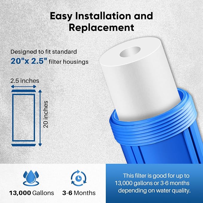 PUREPLUS 5 Micron 20" x 2.5" Whole House Sediment Home Water Filter, 20-inch Sediment Pre-Filtration, Replacement Cartridge Aqua Pure AP110-2C, Pentek P1-20/SP-P1-20/PX01-20, 6Pack