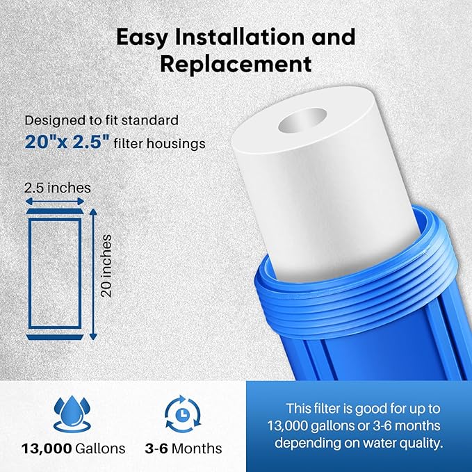 PUREPLUS 20 Micron 20" x 2.5" Whole House Sediment Home Water Filter, 20-inch Sediment Pre-Filtration, Replacement Cartridge Aqua Pure AP110-2C, Pentek P1-20/SP-P1-20/PX01-20, 4PACK