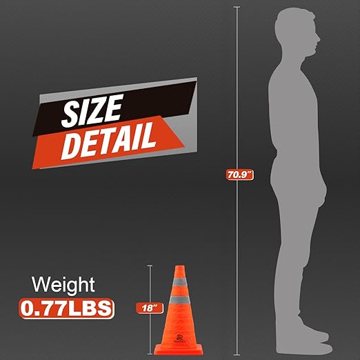 RoadHero 18 Inch 20 Pack Collapsible Traffic Safety Cones, Multi Purpose Pop-up Cones with Reflective Collar for Road Safety, Orange Cones for Driving Training, Parking Lots
