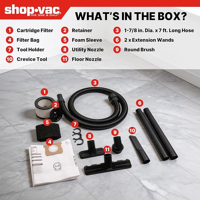 Shop-Vac 6 Gallon Ultra Quiet Shop Vacuum Wet and Dry, 4.5 PHP Powerful Suction Wet/Dry Vacuum with Attachments, 1-7/8 in. x 7 Ft Hose, 15 Ft Cord, Ideal for Jobsite, Garage, Workshop & Home, 5430541