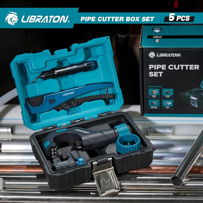 LIBRATON Pipe Cutter Tool 1/8"- 2", Heavy-Duty Copper Tube Cutters, PEX Pipe Cutter, Deburring Tool & Pipe Reamer, 5PCS Tube Cutting Set for Copper, Aluminum, PEX, PVC, with Blow Molded Case