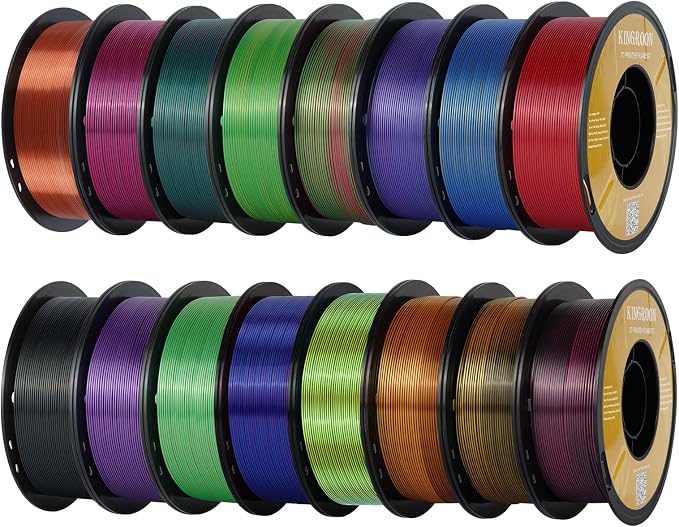 Kingroon Tricolor PLA Filament, Dualcolor Silk PLA Filament, Multicolor 3D Printer Filament, 1.75 mm, Dimensional Accuracy +/- 0.03 mm, 16kg Spool(35.2lbs) 16 Rolls, 16 Different Multicolor Filaments