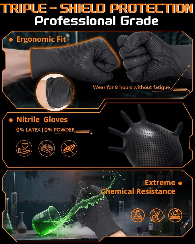wcy ANBOSON 9 Mil Heavy Duty Nitrile Gloves, Raised Diamond Texture Grip, Latex Free Disposable Industrial Mechanic Work Gloves, Chemical & Puncture Resistant,Black,30 Count