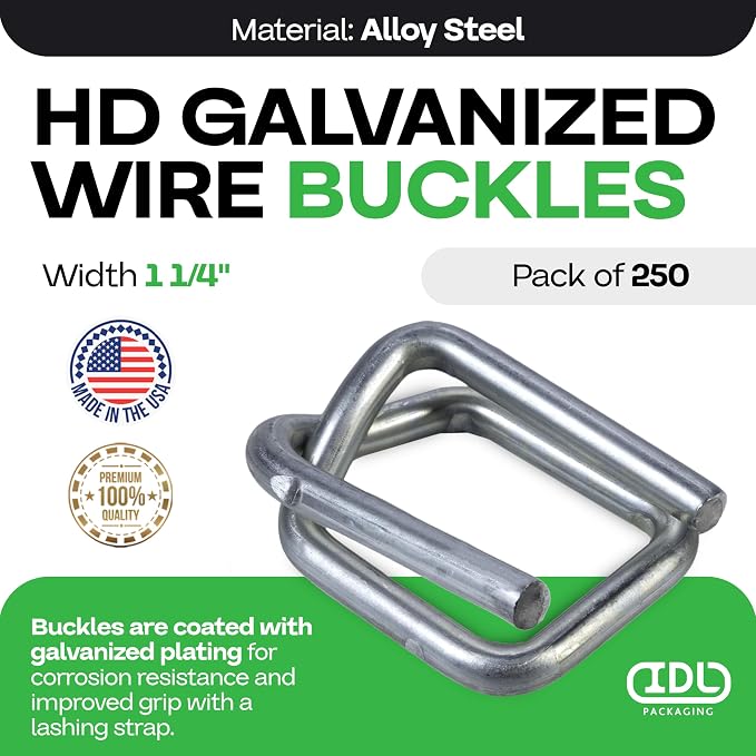 Cord Strapping Buckles 1 1/4", Pack of 250 - Heavy-Duty Wire Buckles with Galvanized Coating for Соmposite Cord Strap - Reusable and Superior Breaking Strength Metal Buckle by IDL Packaging