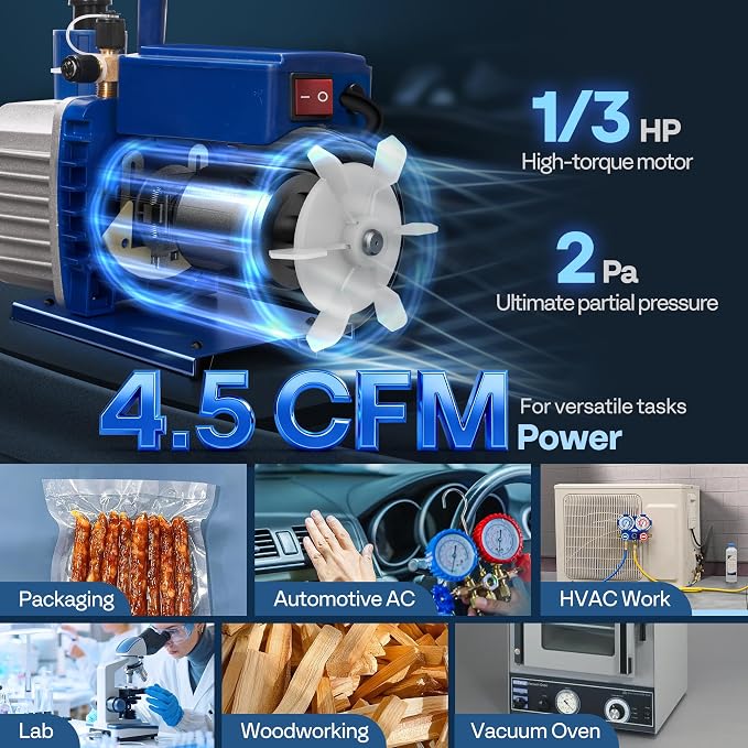 VIVOHOME 1/3 HP 4.5 CFM 1 Stage A2L HVAC Vacuum Pump, Sparkless Motor for R32 R1234yf R454B R134a R22 R410a Systems, Auto AC Vacuum Pump for Air Conditioner Refrigeration Maintenance with Oil Bottle