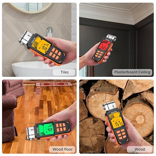 Proster Rechargeable Moisture Meter - Wall Moisture Meter with 5 Modes (Index, Concrete, Cement, Plaster, Wood) & 3-Colour Screen, Pinless Damp Tester with Visual & Sound Alerts Detects up to 40mm