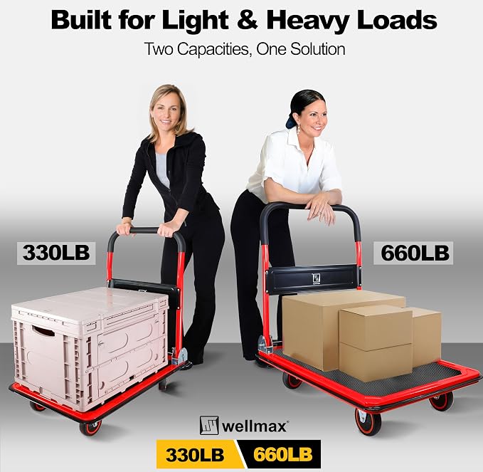 Push Cart Dolly by Wellmax, Moving Platform Hand Truck, Foldable for Easy Storage and 360 Degree Swivel Wheels with 330lb Weight Capacity, Red Color