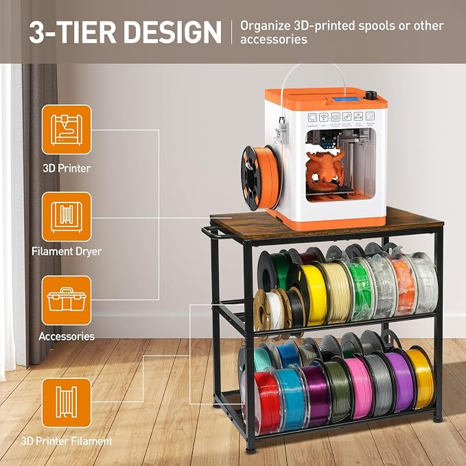 3D Printer Table with Filament Storage-Small 3D Printer Stand for consumables Storage – Space-Saving Cart for 3D Printing Workshop, Studio, Office.Brown.