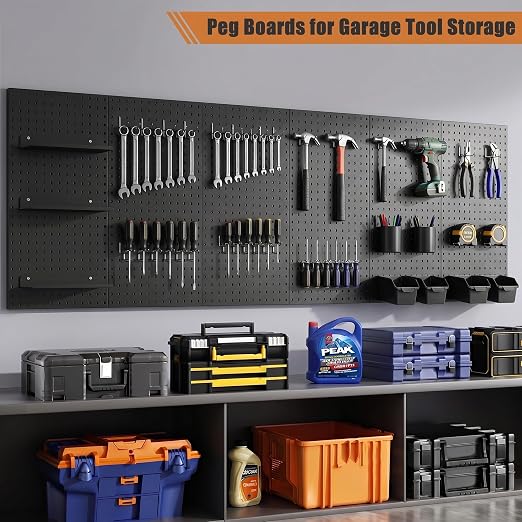 PBHEPJ 4 Pcs Metal Pegboard Panels, Heavy Duty Peg Boards for Garage and Garden Tool Storage, Includes Drywall Anchors and Screws Kits, Black