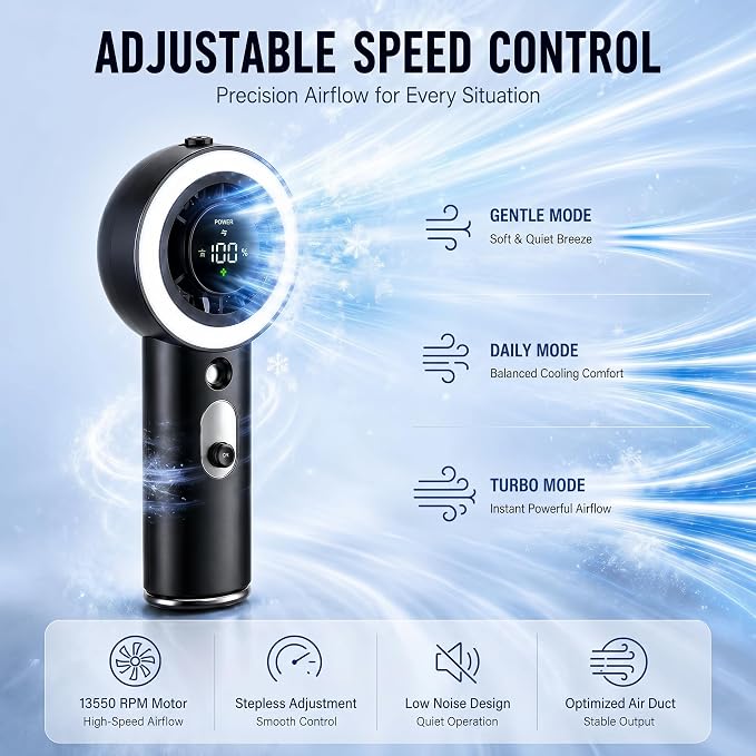 Portable Handheld Turbo Fan with Mist, Ice Cooling Powerful Fan 26000 RPM, 1-199 Speed Adjustable Personal Fan, Dynamic RGB Light, LED, 5000mAh Battery, Flashlight for Travel Office, Home and Outdoor