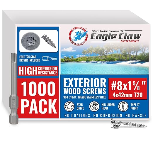 #8 x 1 5/8 Inch Stainless Steel Wood Screws | 304 Grade (1000 Pack) | Flat Head T20 Star Torx Drive | Stainless Steel Screws by Eagle Claw Fasteners | Corrosion & Rust Resistant (Includes Driver Bit)