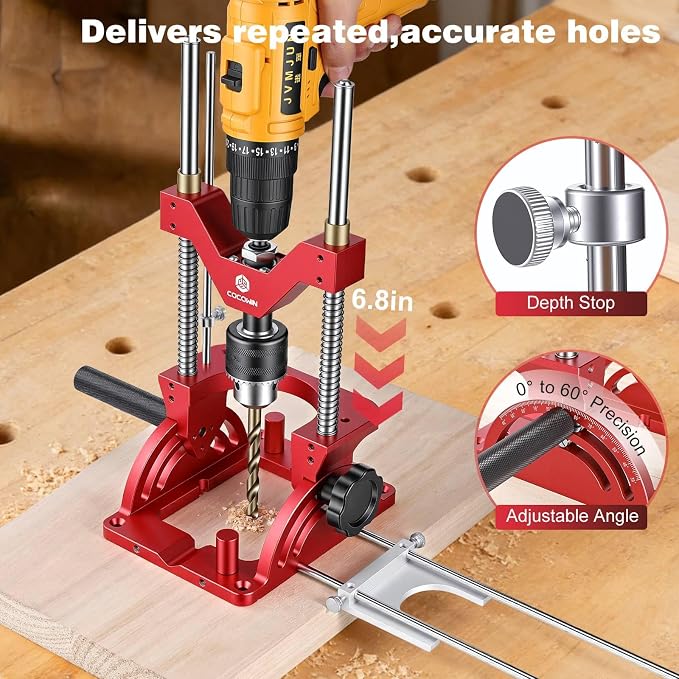 Portable Drill Guide for Drilling Precision Angled or Straight Holes, 0° to 60° Angle Drill Jig Attachment with Guide Rod, Drill Press Adapter for Hand Drill, Portable Drill Press with 1/2" Chuck