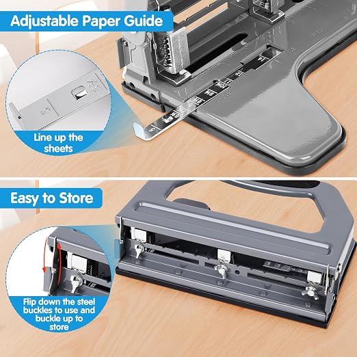 AFMAT 3 Hole Punch Heavy Duty, 9/32" Holes, 50-Sheet Hole Puncher 3 Ring, 50% Reduced Effort, Adjustable Two & Three Hole Punch, Metal Paper Puncher w/Large Chip Tray, Metal Paper Guide, Gray, HP18