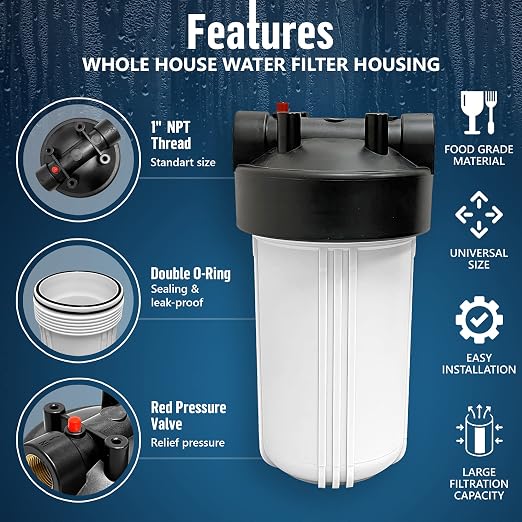 High Capacity 10 x 4.5” Whole House Filter Purifier System for Well or City Water, Presser Relief Button, 1” NPT Brass Port, Double O-Ring, Meets NSF Standards & Regulations (White, 3 Sets)