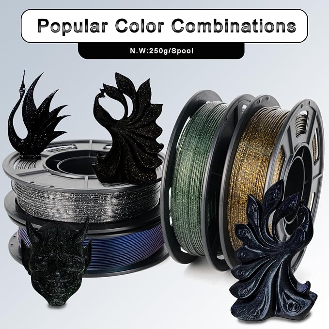 YOUSU 3D Printer Filament Galaxy PLA Filament 1.75mm, 3D Printing Filament Bundle, Multi Color PLA Filament Glitter 250g X 4 Color Pack.