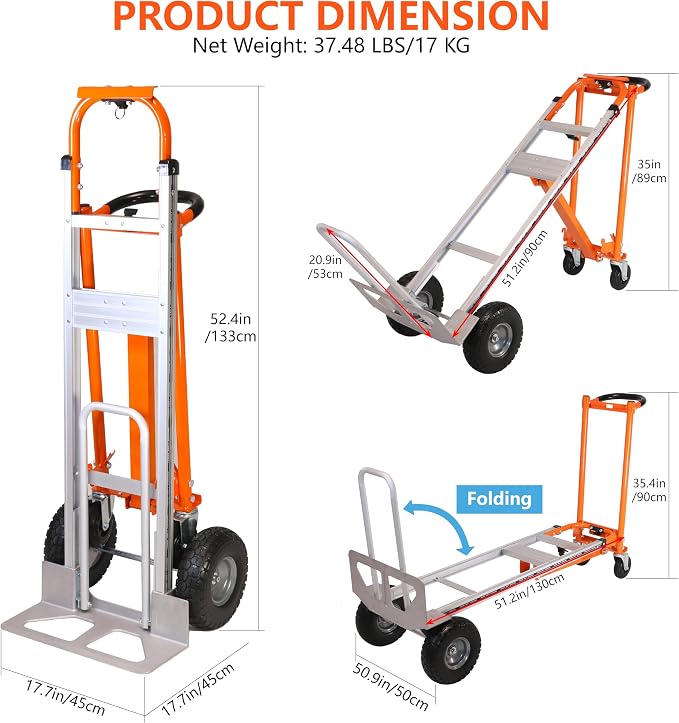 Aluminum Convertible Hand Truck, 3 in 1 Folding Dolly 1000 LBS Capacity Heavy Duty Industrial Platform Cart Collapsible Truck for Transport & Moving in Warehouse, Home, Supermarket