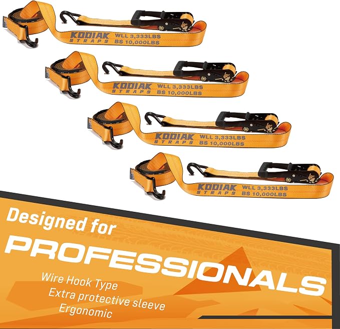 4 Pack Heavy Duty 2" x 27' Ratchet Tie Down Straps with Wired J Hooks - 10,000 LBS Break Strength for Truck & Trailer Cargo Control KODIAK STRAPS