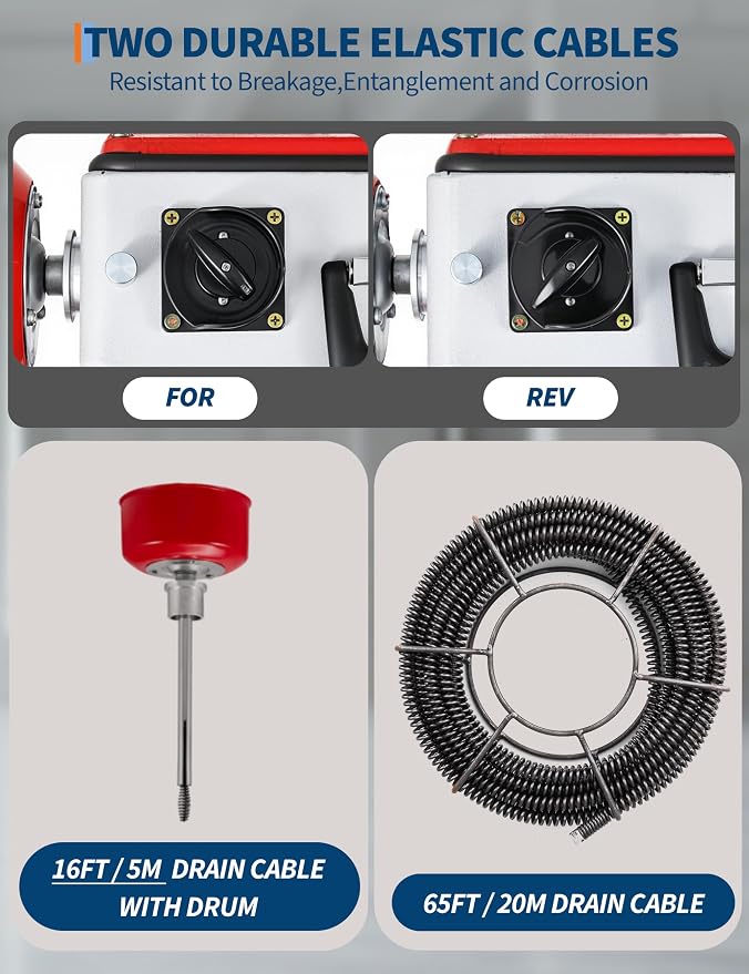 GarveeLife Electric Sewer Snake Drain Auger, Drain Cleaner Machine with 66FT x 5/8" & 16FT x 3/8" Steel Cables, 6 Cutters, 500w Power Auto Feed Pipe Snake for 1-4 Inch Pipes for Sink Toilet Drainage