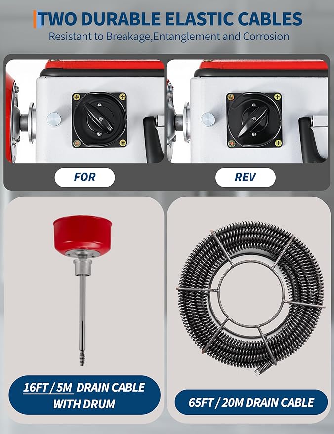 Electric Drain Auger Sewer Snake, 66'x5/8" & 16'x3/8", 500 w, 400 RPM, Auto Feed Drain Cleaning Machine with 7 Cutter & 2 Steel Cables, Portable Pipe Cleaner for Household and Professional Use