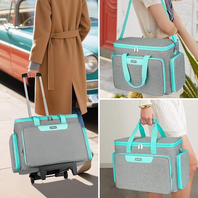 LEFOR·Z Rolling Sewing Machine Case with Wheels,Sewing Machine Carrying Bag,Trolley Tote Bag Fits for Most Standard Singer,Brother,Janome Sewing Machine and Accessories,Grey/Green