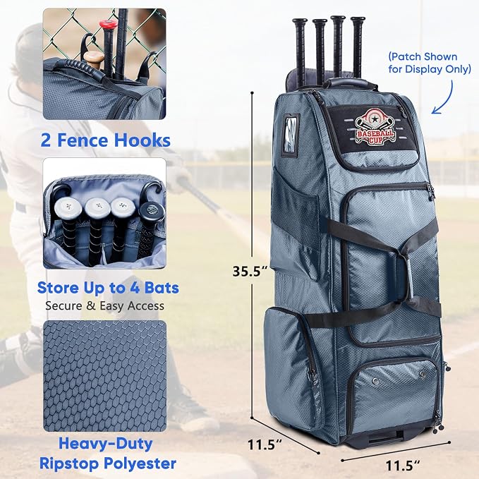 Large Rolling Baseball Catchers Gear Bag with Wheels, Softball Bag with Hard Backing for 4 Bats,Equipment Bag with Separate Shoe & Helmet Compartments, Youth Baseball Bag with 360° Spinner Wheels