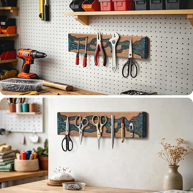 FINDKING Magnetic Knife Strip for Wall, Solid Acacia Wood with Mineral Blue Resin Inlay, Wall-Mounted Knife Holder with Strong Magnetic Hold, No-Drill Adhesive Mount (16 Inch)