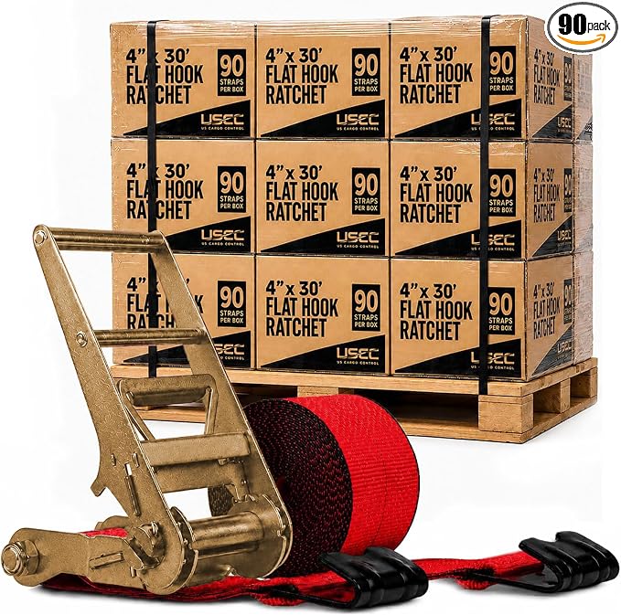 US Cargo Control Flat Hook Ratchet Straps 4” x 30’ (90-Pack), 5,400 LBS Working Load Limit, Red 4 Inch Ratchet Straps with Black Flat Hooks, Professional 4 Inch Straps for Flatbed Trailers