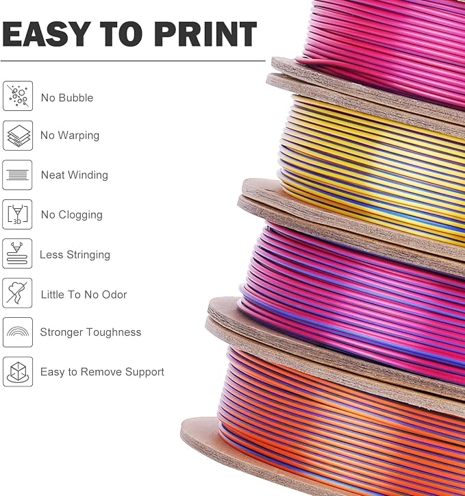 ERYONE PLA Filament 3D Printer Filament Bundle Multicolor 1.75mm +/- 0.03mm, PLA Filament 250g Spool, 4 Rolls, Silk Triple Color 1