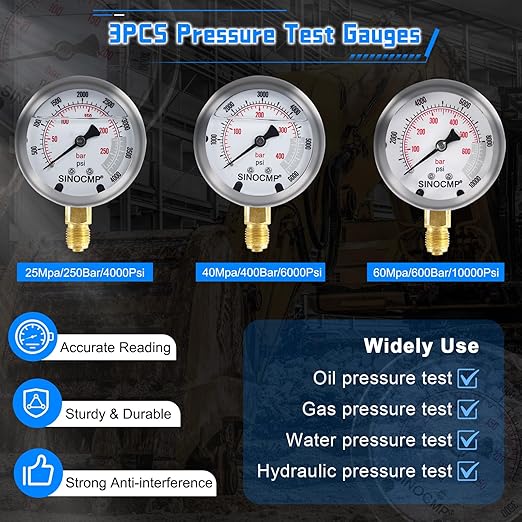 Hydraulic Pressure 3 Gauges(25/40/60MPa) Test Kit with 4 Test Hoses & 14 Straight Connectors & 19 Tee Connectors for Construction Machinery Excavator(Black)